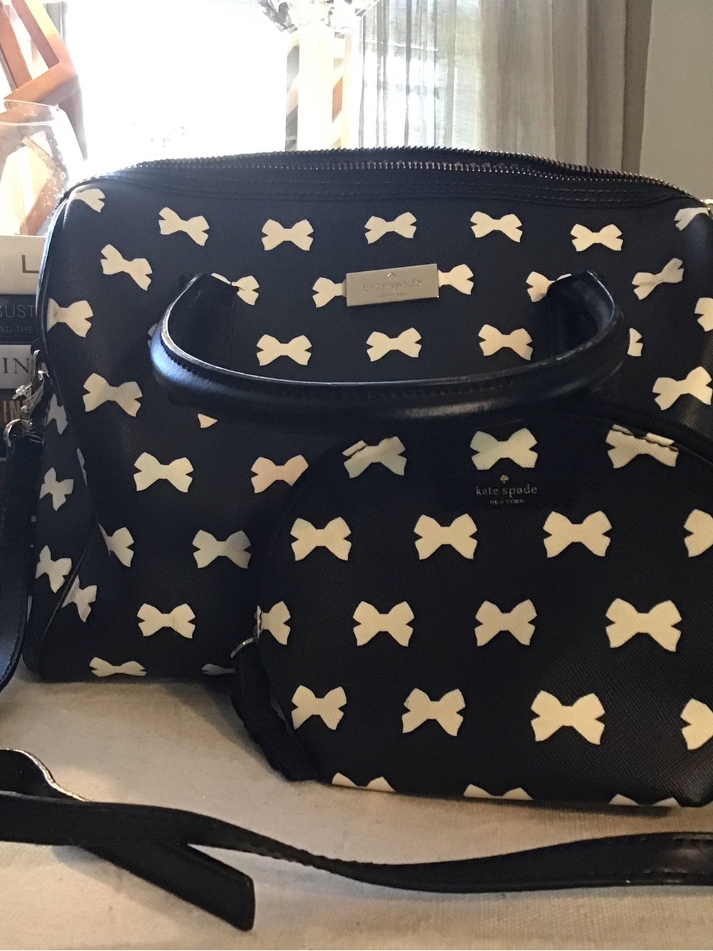 kate spade Black and White Bow-Print Satchel with Pouch